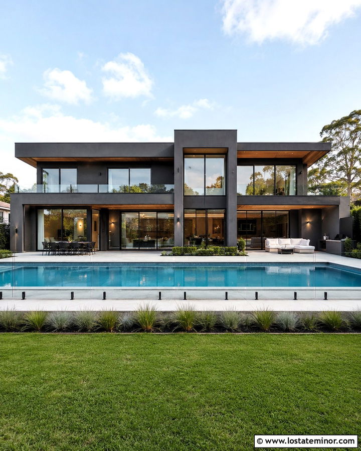 Slate Grey House With Glass Pool Fence - 30 Slate Grey House Design With Swimming Pool Ideas