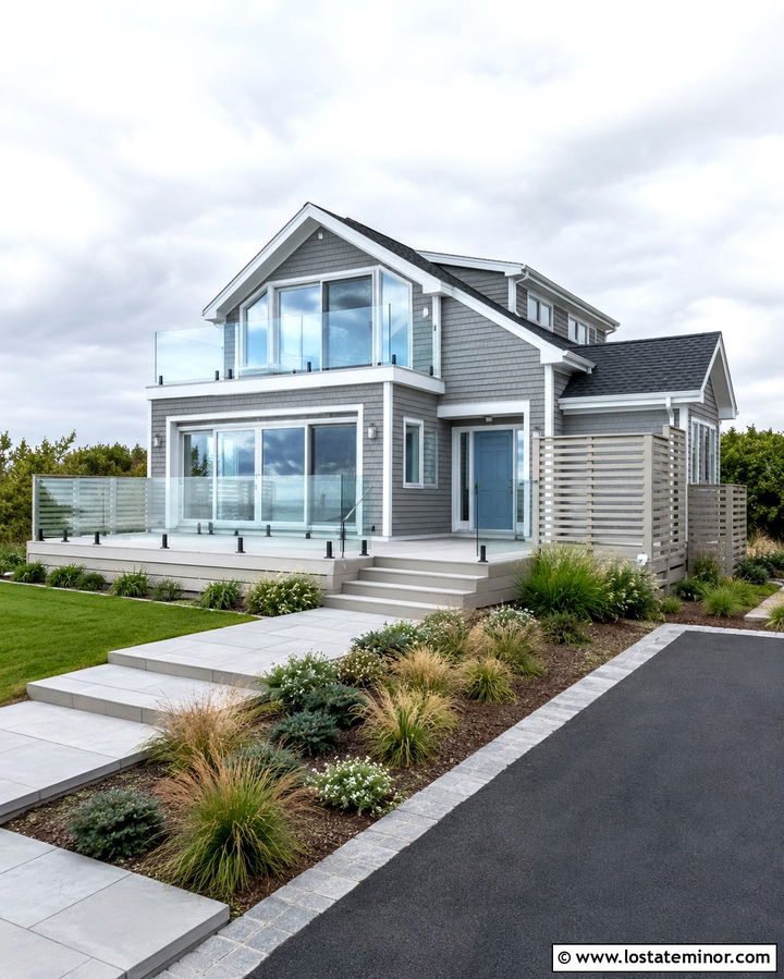 Slate Grey House With Glass Railing Deck - 30 Slate Grey House Design With Deck Ideas