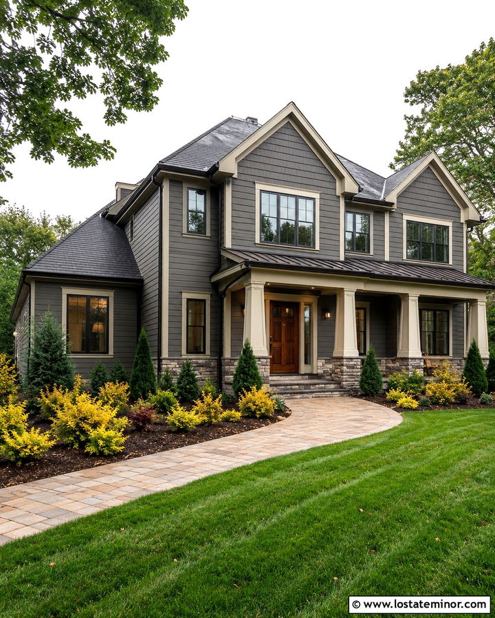 Slate Grey House With Golden Foliage - 30 Slate Grey House Design With Landscaping Ideas