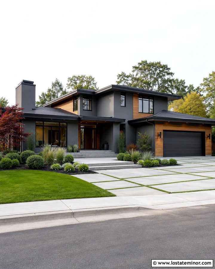 Slate Grey House With Grass Joint Walkway - 30 Slate Grey House Design With Walkway Ideas