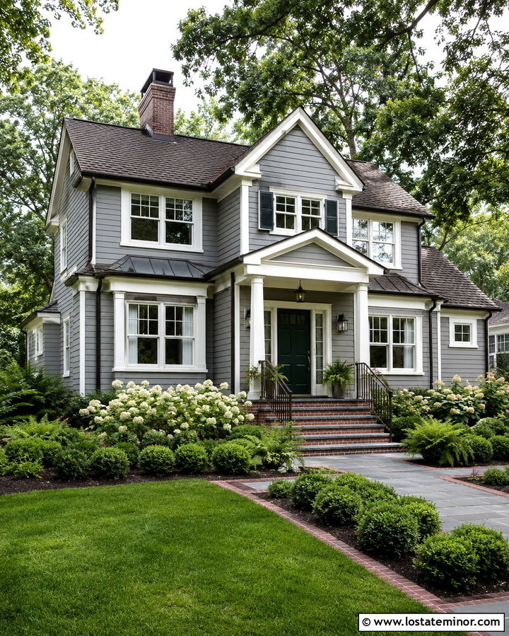 Slate Grey House With Green Door And Brick Steps - 30 Slate Grey House Design With Steps Ideas