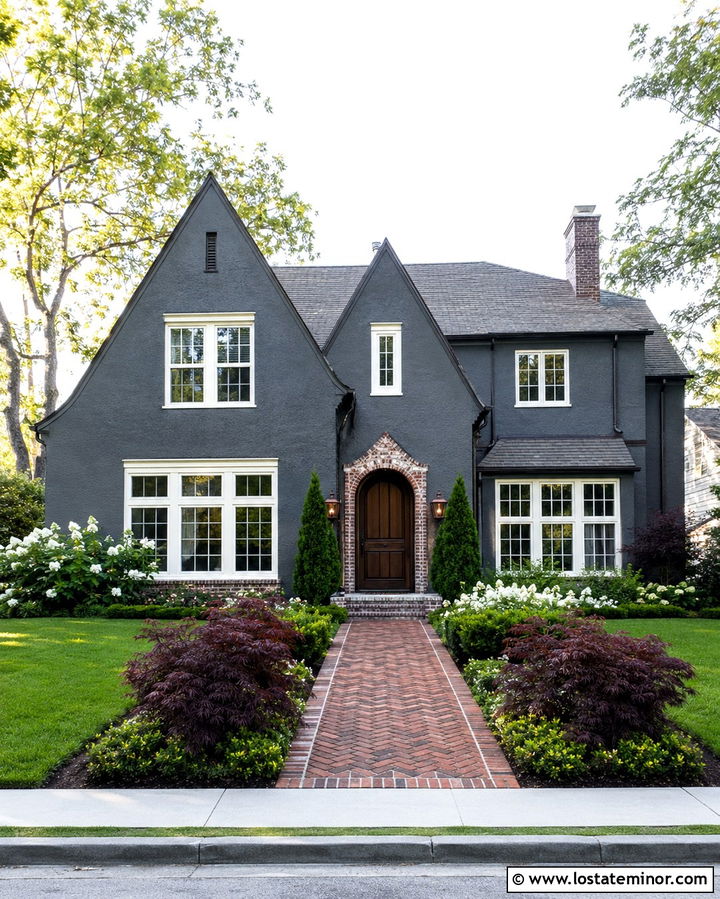 Slate Grey House With Herringbone Brick Walkway - 30 Slate Grey House Design With Walkway Ideas