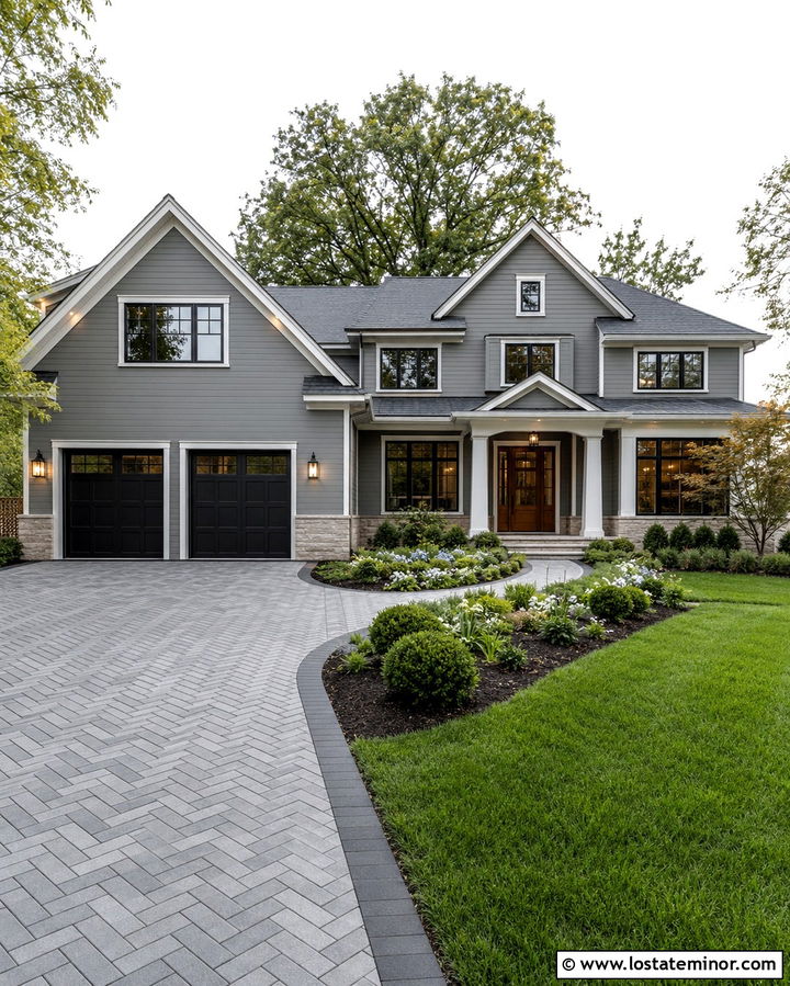 Slate Grey House With Herringbone Paver Driveway - 30 Slate Grey House Design With Driveway Ideas