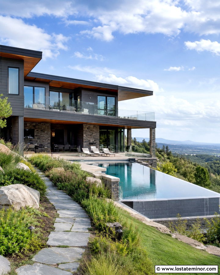 Slate Grey House With Hillside Infinity Pool - 30 Slate Grey House Design With Swimming Pool Ideas