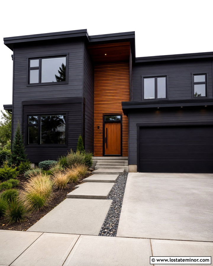 Slate Grey House With Horizontal Wood Accents - 30 Slate Grey House Design With Accents Ideas
