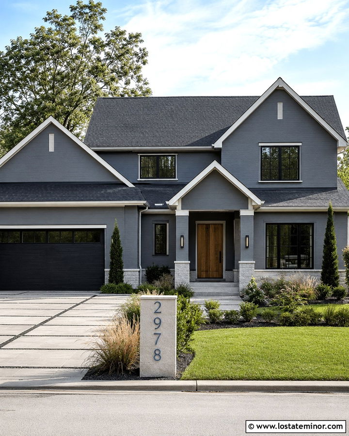 Slate Grey House With House Numbers At The Walkway - 30 Slate Grey House Design With House Numbers Ideas