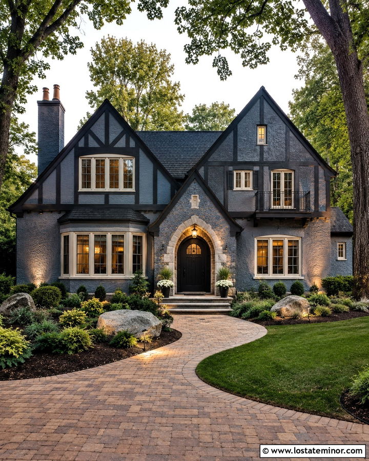 Slate Grey House With Landscape Uplights - 30 Slate Grey House Design With Lighting Ideas