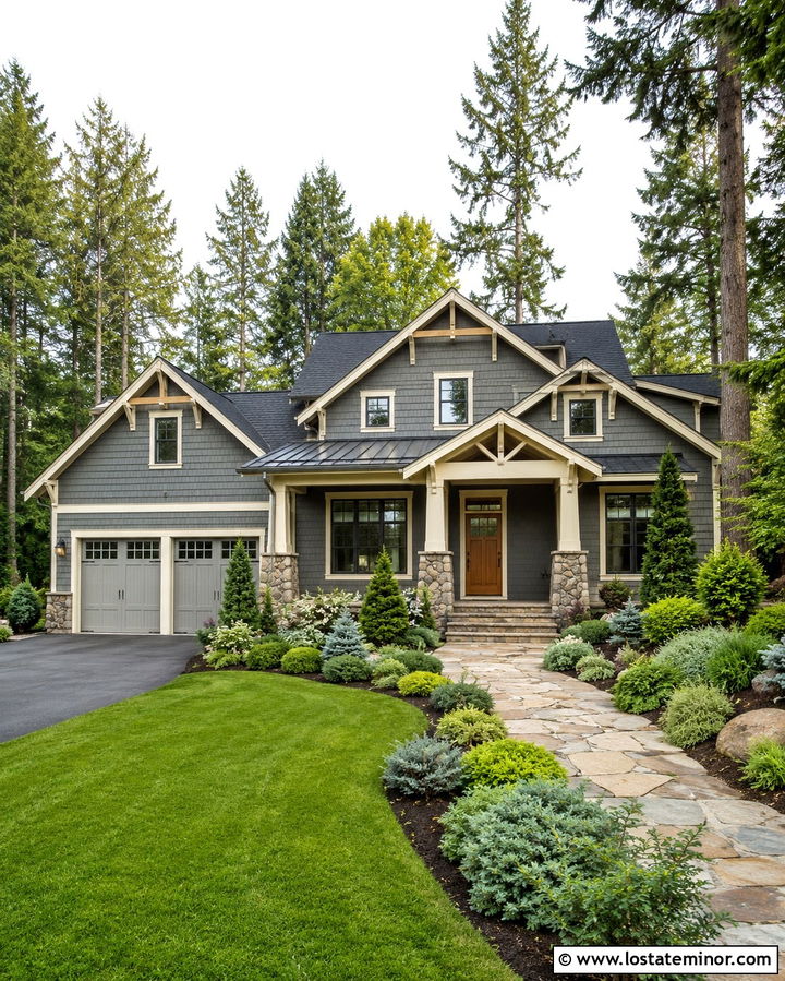 Slate Grey House With Layered Evergreen Shrubs - 30 Slate Grey House Design With Landscaping Ideas