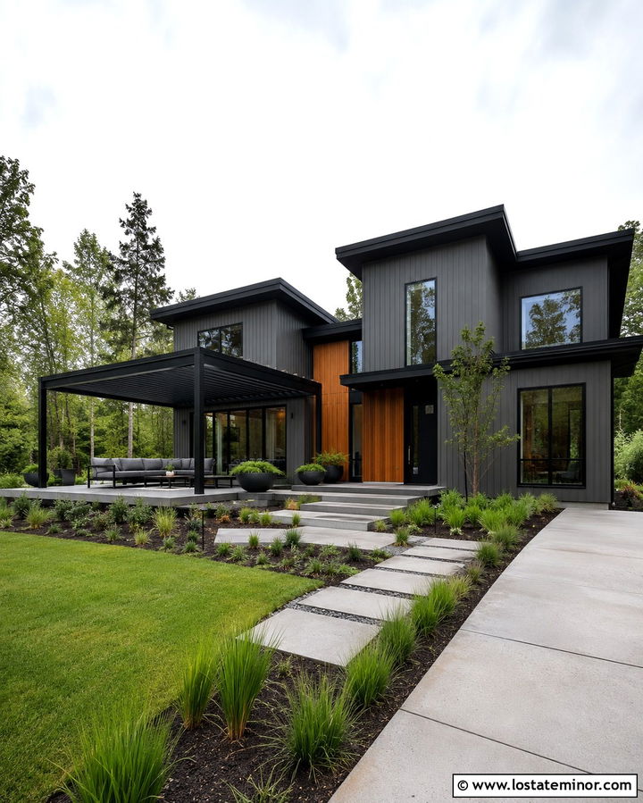 Slate Grey House With Louvered Pergola - 30 Slate Grey House Design With Pergola Ideas