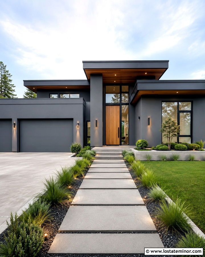 Slate Grey House With Minimal Black Sconces - 30 Slate Grey House Design With Light Fixtures Ideas