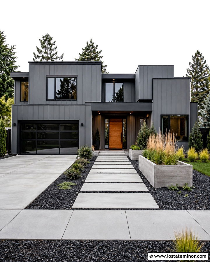 Slate Grey House With Minimalist Concrete Planters - 30 Slate Grey House Design With Landscaping Ideas
