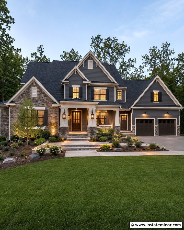 Slate Grey House With Mixed Exterior Lighting - 30 Slate Grey House Design With Light Fixtures Ideas