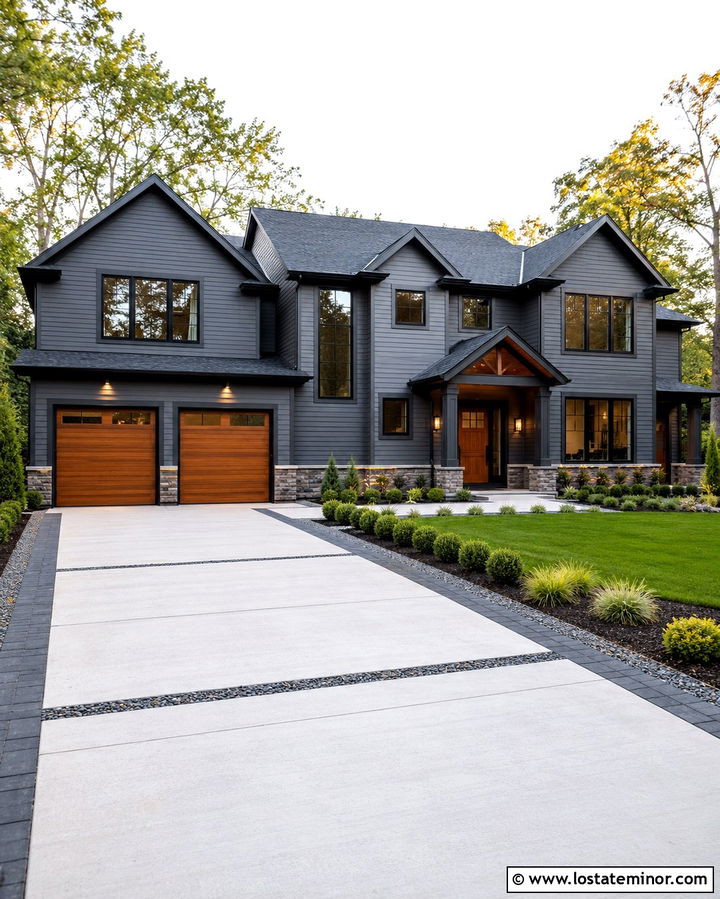 Slate Grey House With Mixed Material Driveway - 30 Slate Grey House Design With Driveway Ideas