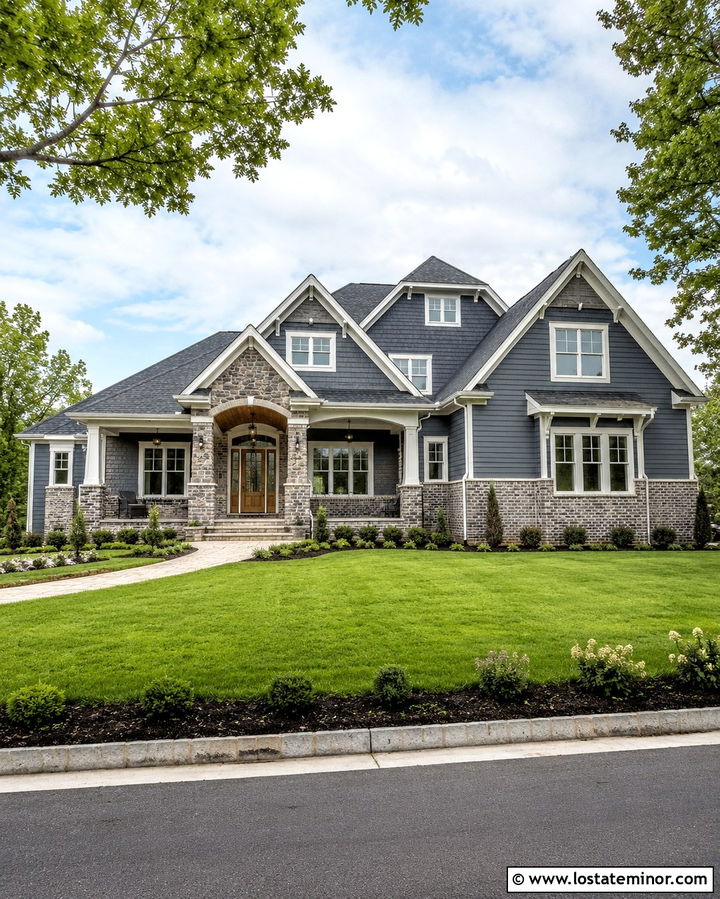 Slate Grey House With Mixed Stone And Brick Wainscoting - 30 Slate Grey House Design With Wainscoting Ideas