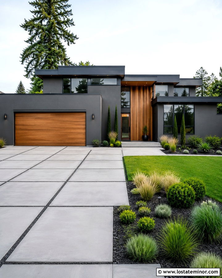 Slate Grey House With Modern Concrete Driveway - 30 Slate Grey House Design With Driveway Ideas