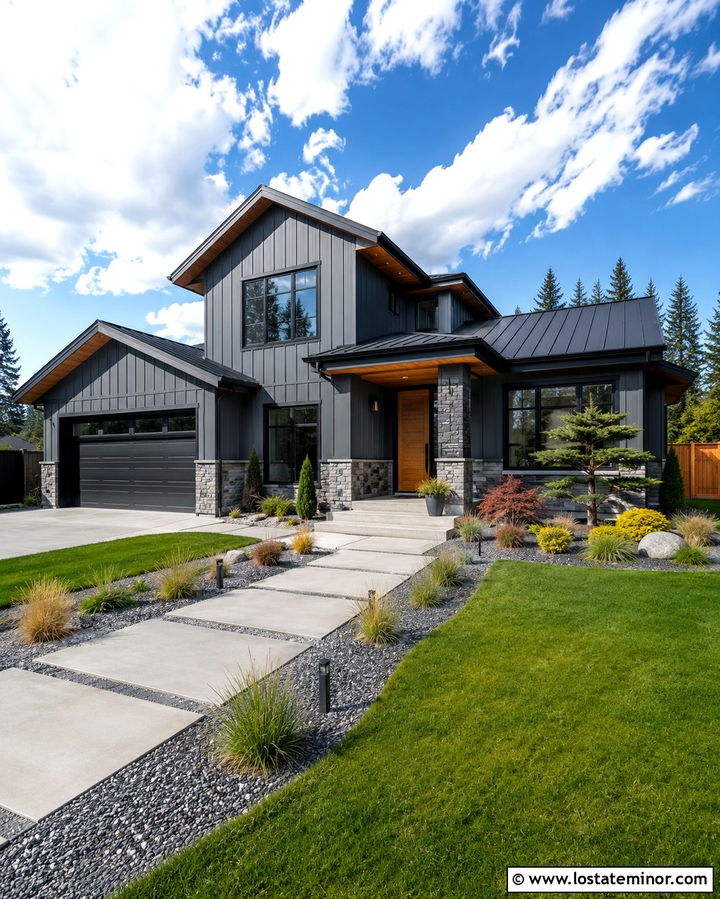 Slate Grey House With Modern Concrete Walkway - 30 Slate Grey House Design With Walkway Ideas