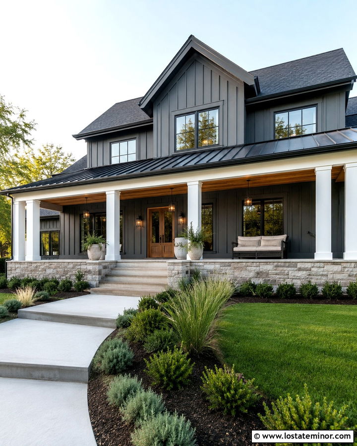 Slate Grey House With Modern Farmhouse Front Porch - 30 Slate Grey House Design With Front Porch Ideas
