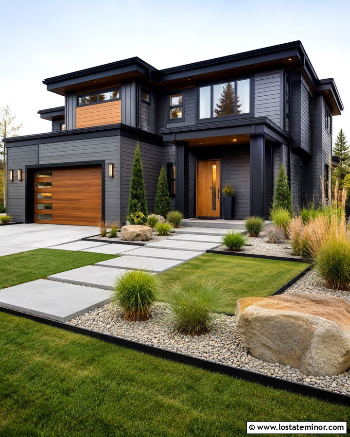Slate Grey House With Modern Gravel Landscaping - 30 Slate Grey House Design With Landscaping Ideas
