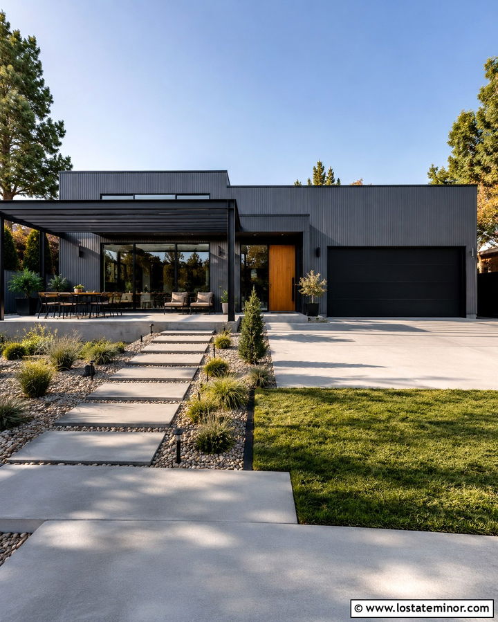Slate Grey House With Modern Metal Pergola - 30 Slate Grey House Design With Pergola Ideas