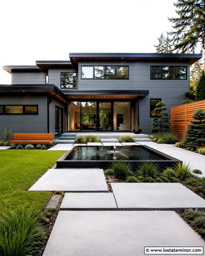 Slate Grey House With Modern Water Feature - 30 Slate Grey House Design With Backyard Ideas