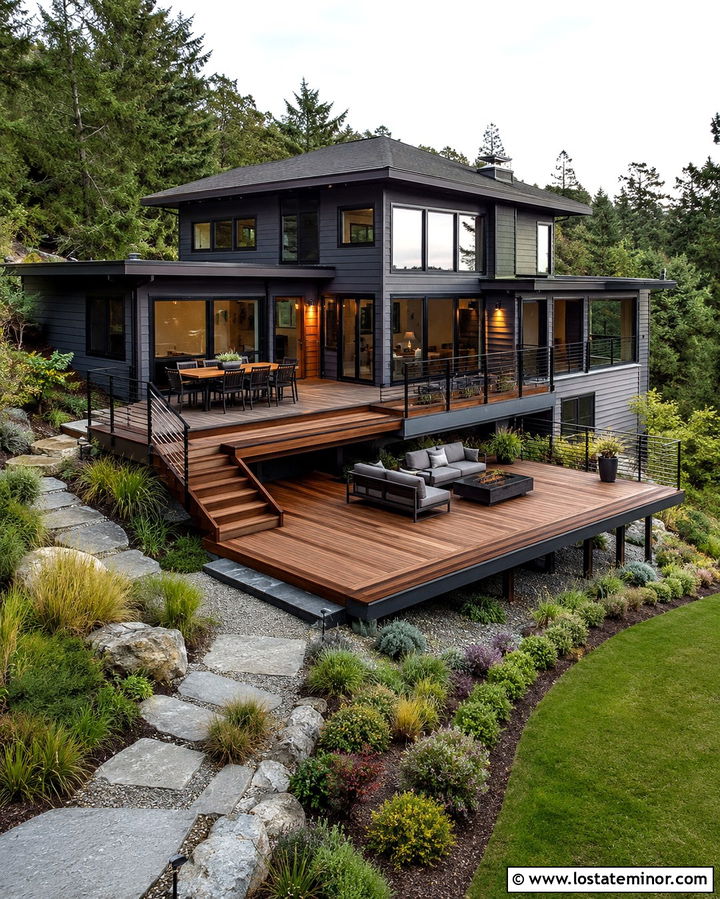 Slate Grey House With Multi Level Deck - 30 Slate Grey House Design With Deck Ideas