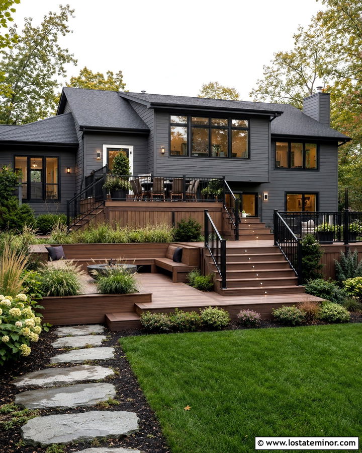 Slate Grey House With Multi Level Deck - 30 Slate Grey House Design With Backyard Ideas