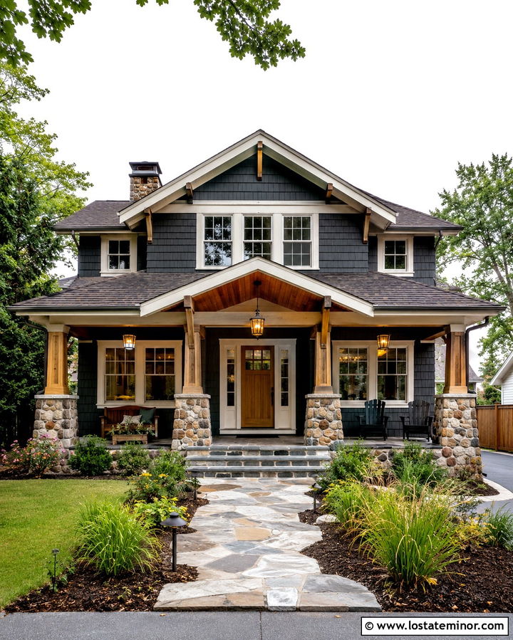 Slate Grey House With Natural Fir Porch Ceiling - 30 Slate Grey House Design With Porch Ceiling Ideas