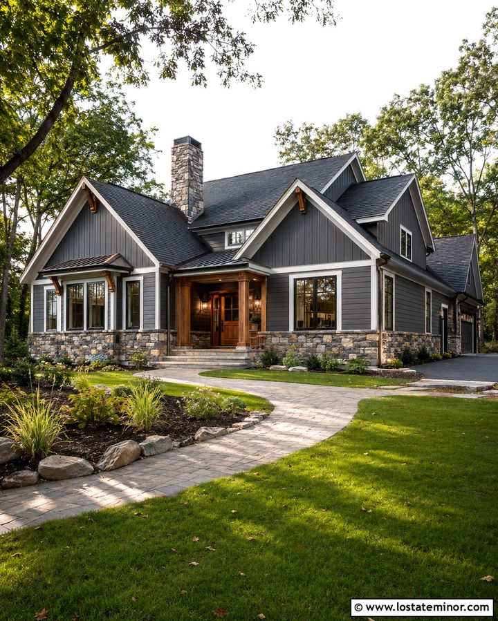 Slate Grey House With Natural Stone And Gables - 30 Slate Grey House Design With Gables Ideas