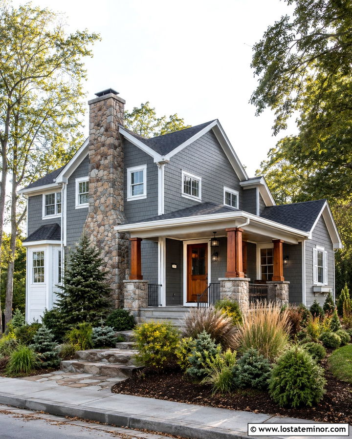 Slate Grey House With Natural Stone Chimney - 30 Slate Grey House Design With Chimney Ideas