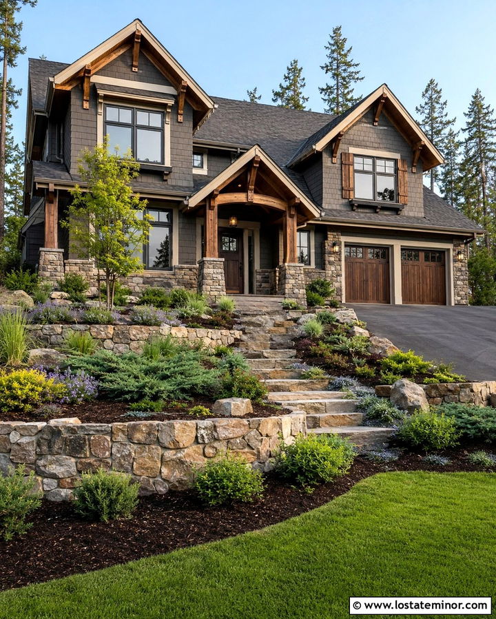 Slate Grey House With Natural Stone Retaining Walls - 30 Slate Grey House Design With Landscaping Ideas