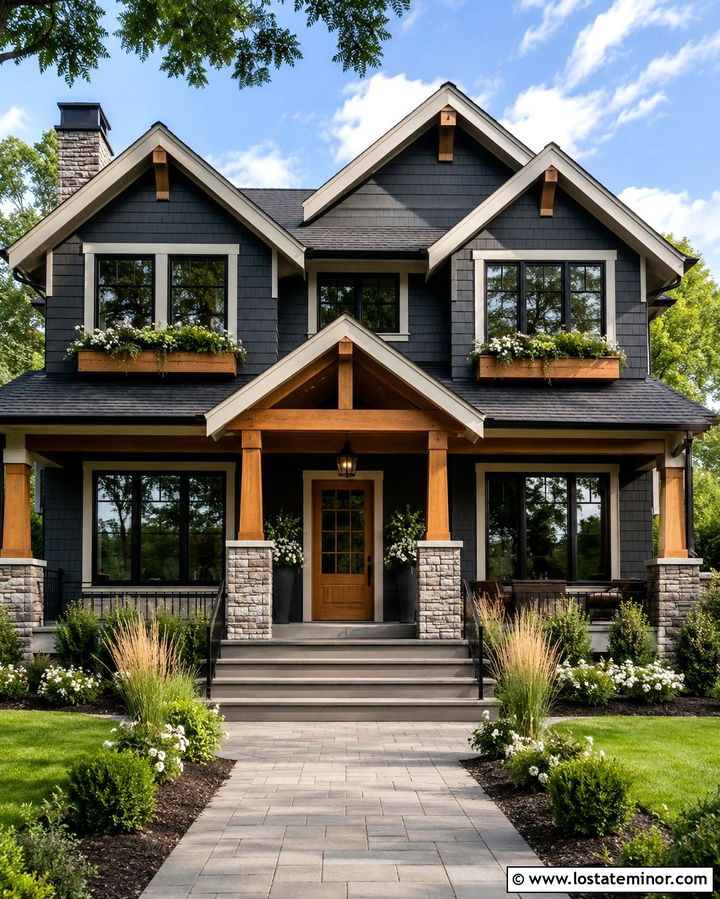 Slate Grey House With Natural Wood Door And Window Boxes - 30 Slate Grey House Design With Window Boxes Ideas