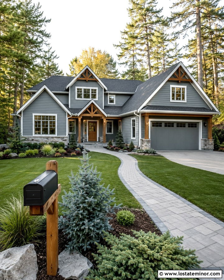 Slate Grey House With Natural Wood Mailbox - 30 Slate Grey House Design With Mailbox Ideas