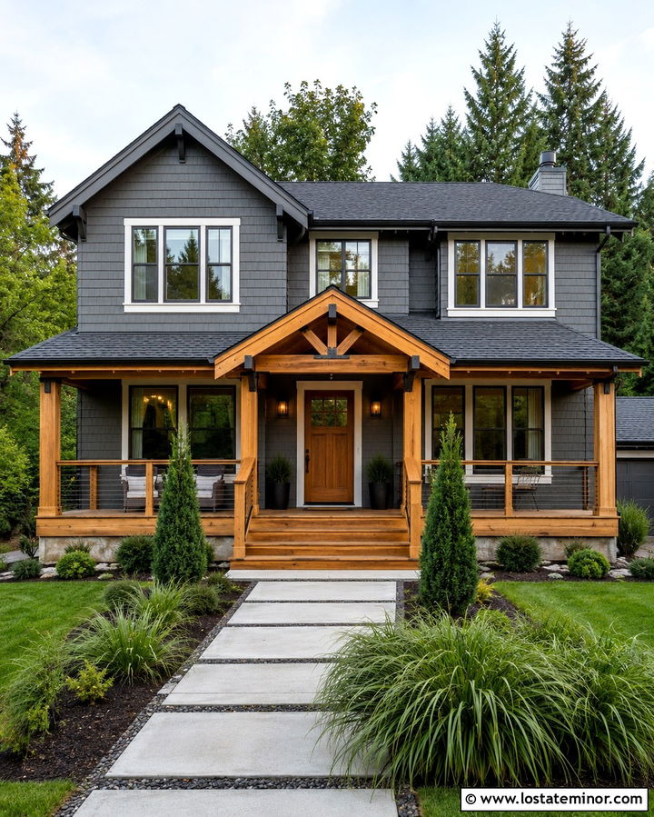 Slate Grey House With Natural Wood Porch - 30 Slate Grey House Design With Front Porch Ideas