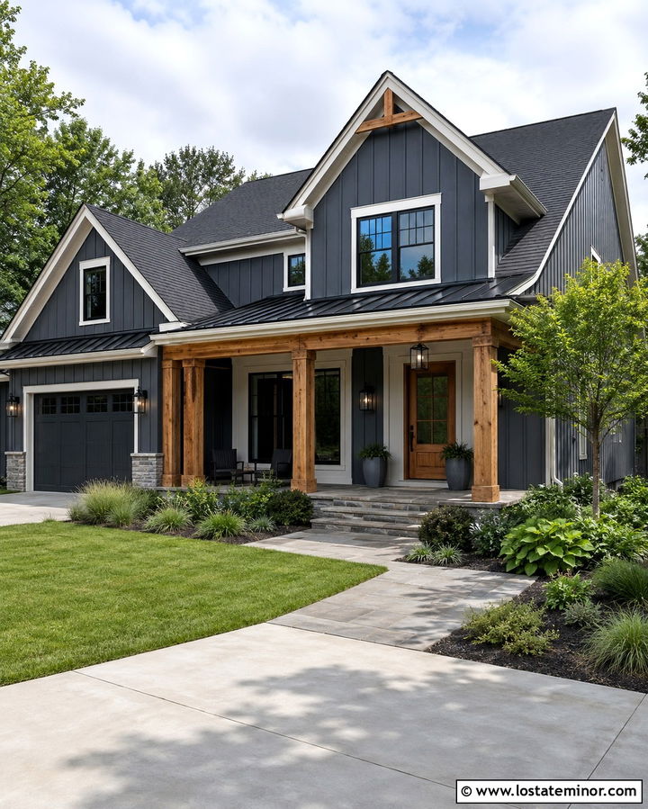 Slate Grey House With Natural Wood Porch Columns - 30 Slate Grey House Design With Porch Columns Ideas