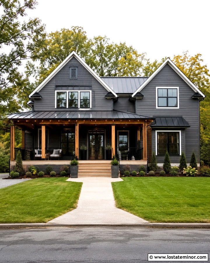 Slate Grey House With Natural Wood Porch - 30 Slate Grey House Design With Accents Ideas