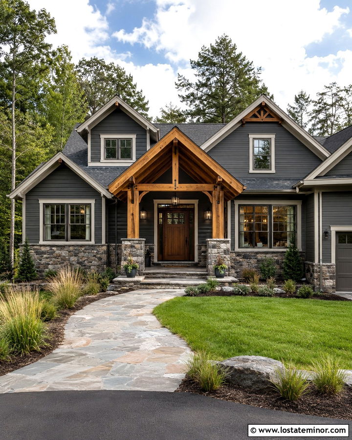 Slate Grey House With Natural Wood Portico - 30 Slate Grey House Design With Portico Ideas