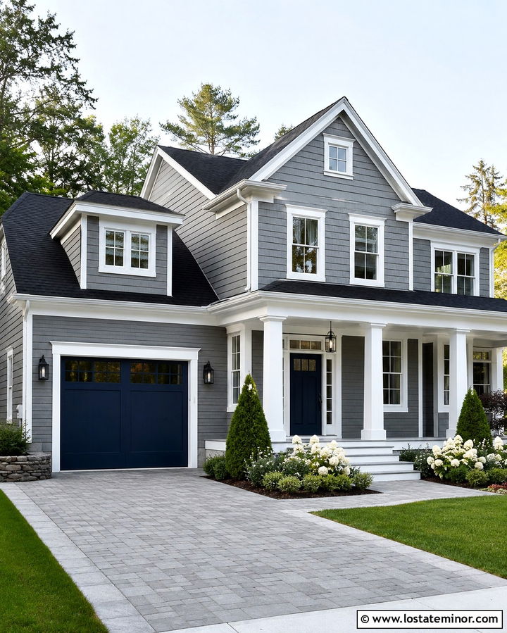 Slate Grey House With Navy Garage Door - 30 Slate Grey House Design With Garage Door Ideas