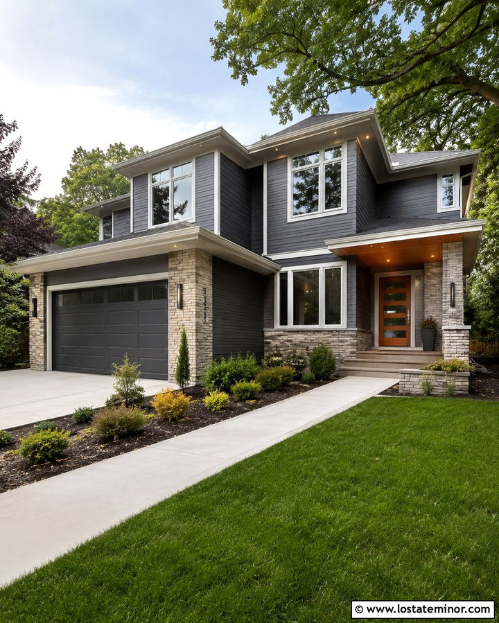 Slate Grey House With Numbers On The Garage Column - 30 Slate Grey House Design With House Numbers Ideas