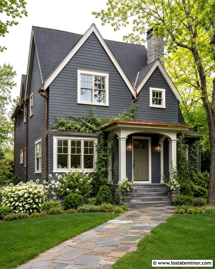 Slate Grey House With Olive Green Porch Ceiling - 30 Slate Grey House Design With Porch Ceiling Ideas