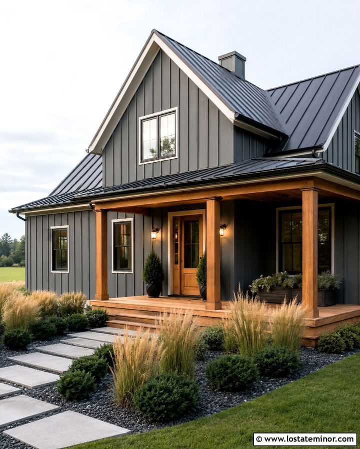 Slate Grey House With Ornamental Grasses - 30 Slate Grey House Design With Landscaping Ideas