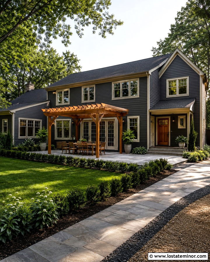 Slate Grey House With Outdoor Kitchen Pergola - 30 Slate Grey House Design With Pergola Ideas