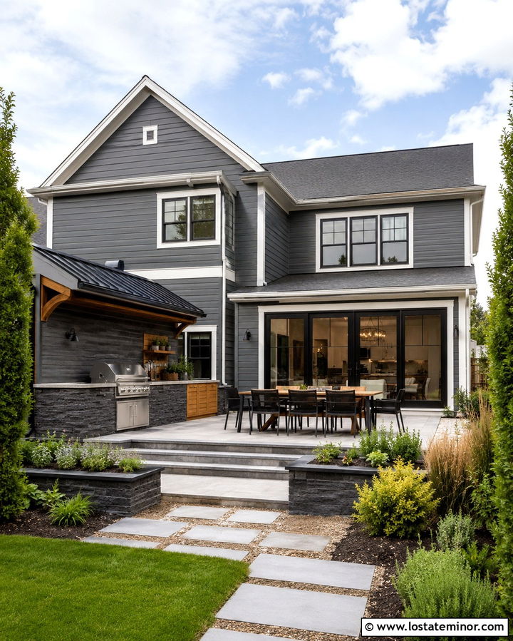 Slate Grey House With Outdoor Kitchen - 30 Slate Grey House Design With Backyard Ideas