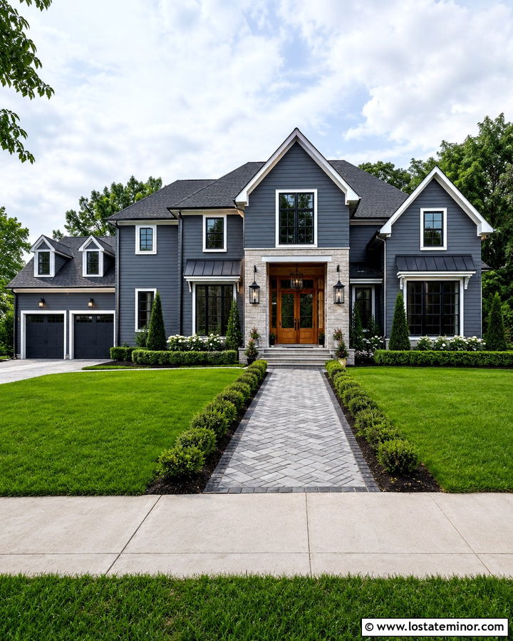 Slate Grey House With Oversized Entry Lanterns - 30 Slate Grey House Design With Light Fixtures Ideas