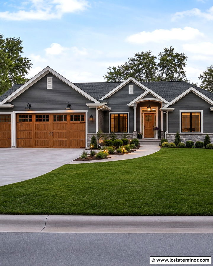 Slate Grey House With Oversized Garage Lights - 30 Slate Grey House Design With Lighting Ideas