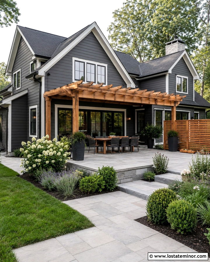 Slate Grey House With Patio Door Pergola - 30 Slate Grey House Design With Pergola Ideas