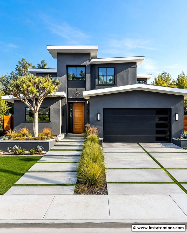Slate Grey House With Paver And Grass Driveway - 30 Slate Grey House Design With Driveway Ideas