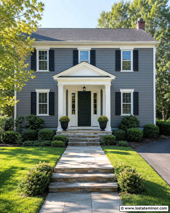 Slate Grey House With Pediment Portico - 30 Slate Grey House Design With Portico Ideas