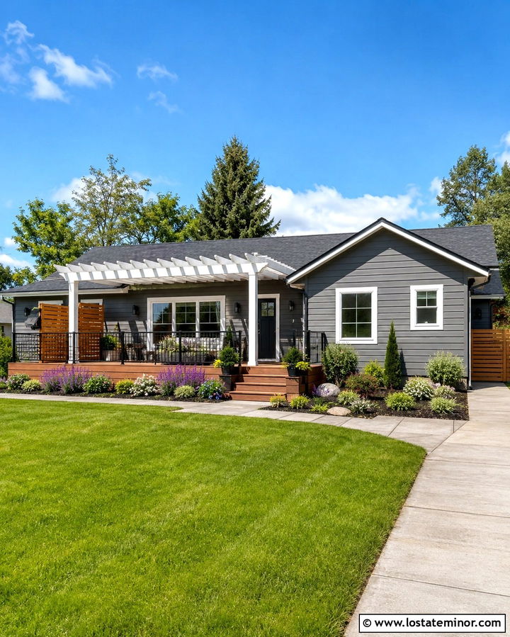 Slate Grey House With Pergola Deck - 30 Slate Grey House Design With Deck Ideas