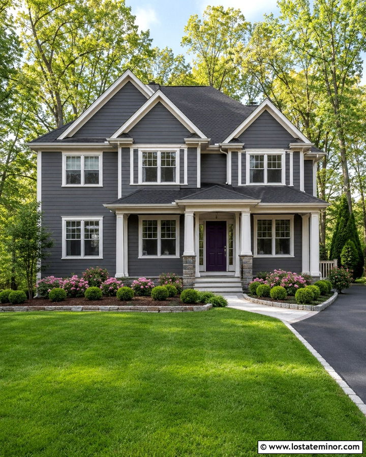 Slate Grey House With Pink Flowering Shrubs - 30 Slate Grey House Design With Landscaping Ideas