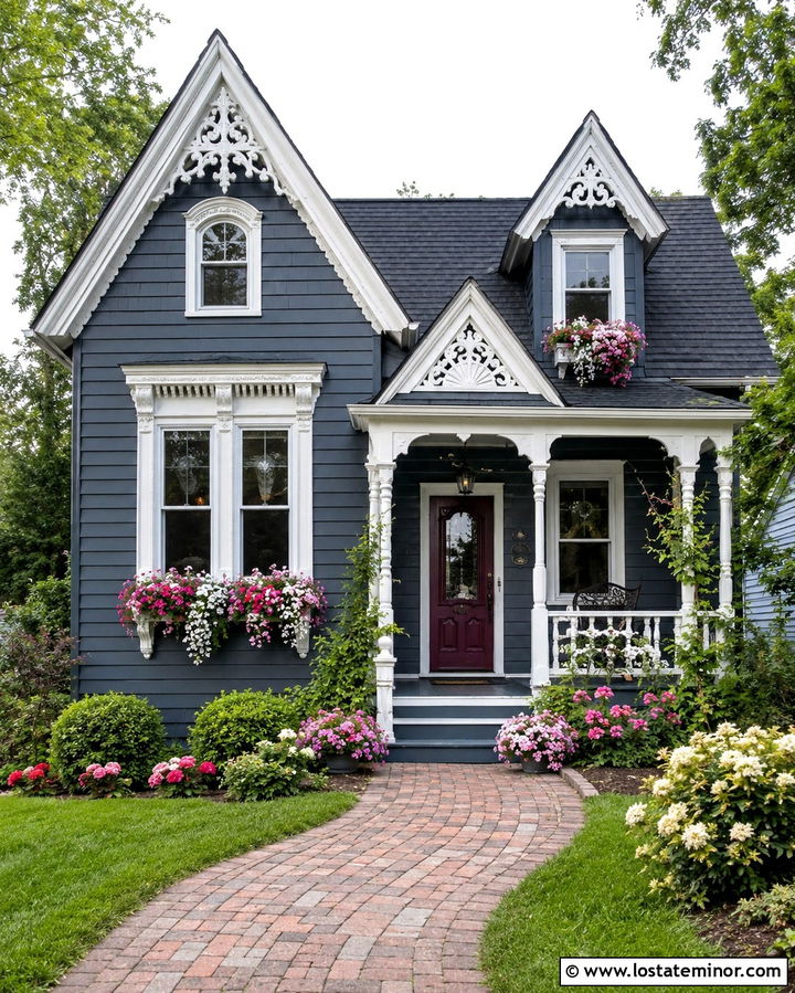 Slate Grey House With Pink Flowers In Window Boxes - 30 Slate Grey House Design With Window Boxes Ideas